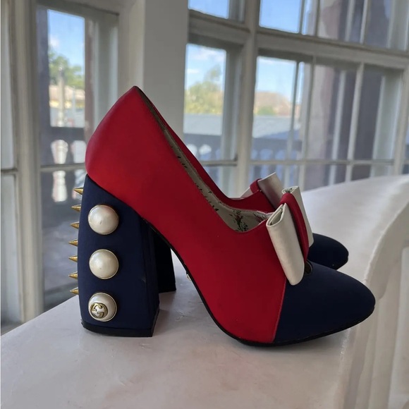 Gucci Luna Studded Block Heel Colorblock Satin Pumps - Picture 1 of 13